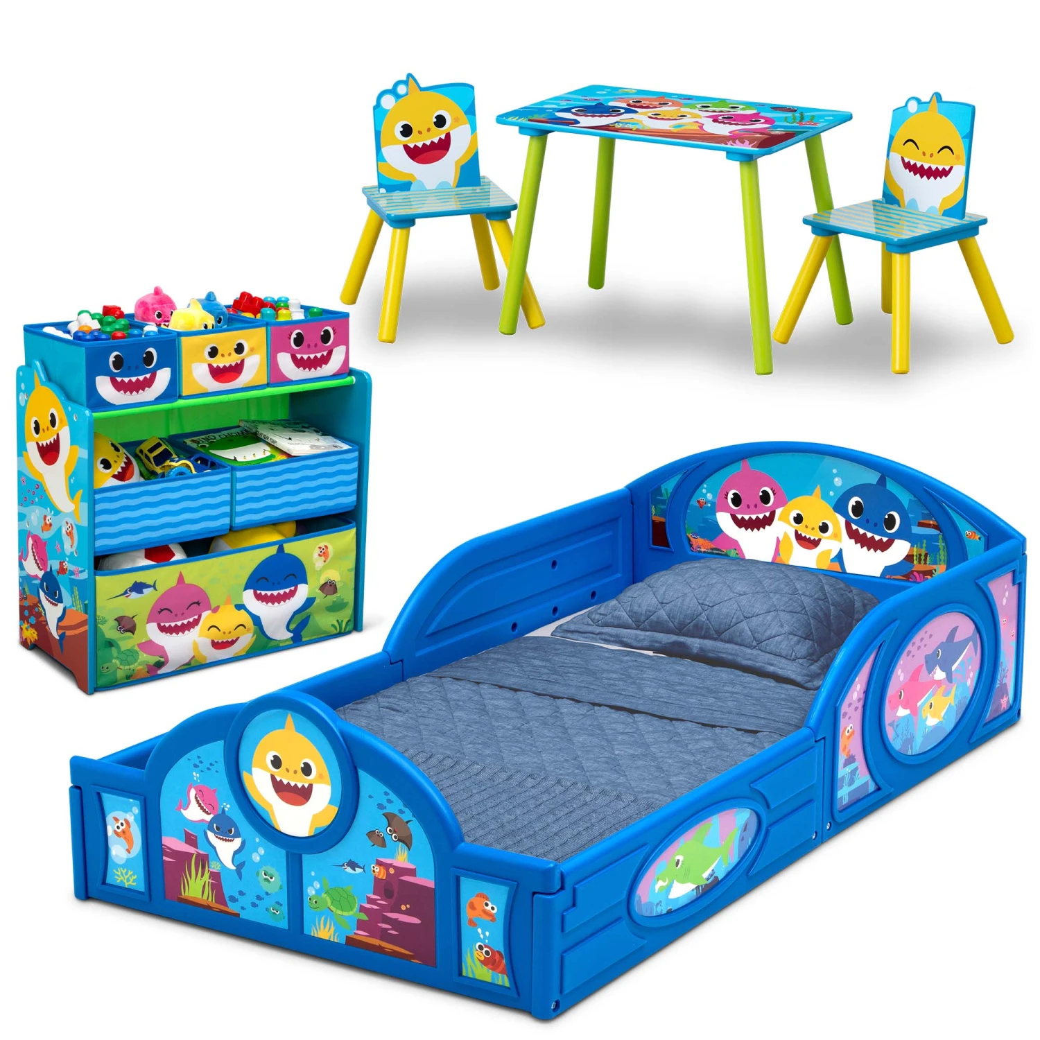 Delta Children Baby Shark 5-Piece Toddler Bedroom Set - Includes Toddler Bed, Table With 2 Chairs And 6 Bin Design And Store Toy Organizer 1 Delta Children Baby Shark 5-Piece Toddler Bedroom Set - Includes Toddler Bed, Table With 2 Chairs And 6 Bin Design And Store Toy Organizer