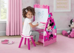 Delta Children Minnie Mouse Deluxe Kids Art Table - Easel, Desk, Stool, Toy Organizer