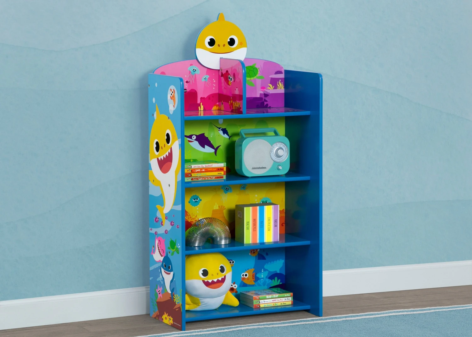 Delta Children Baby Shark Wooden Playhouse 4-Shelf Bookcase For Kids 1 Delta Children Baby Shark Wooden Playhouse 4-Shelf Bookcase For Kids