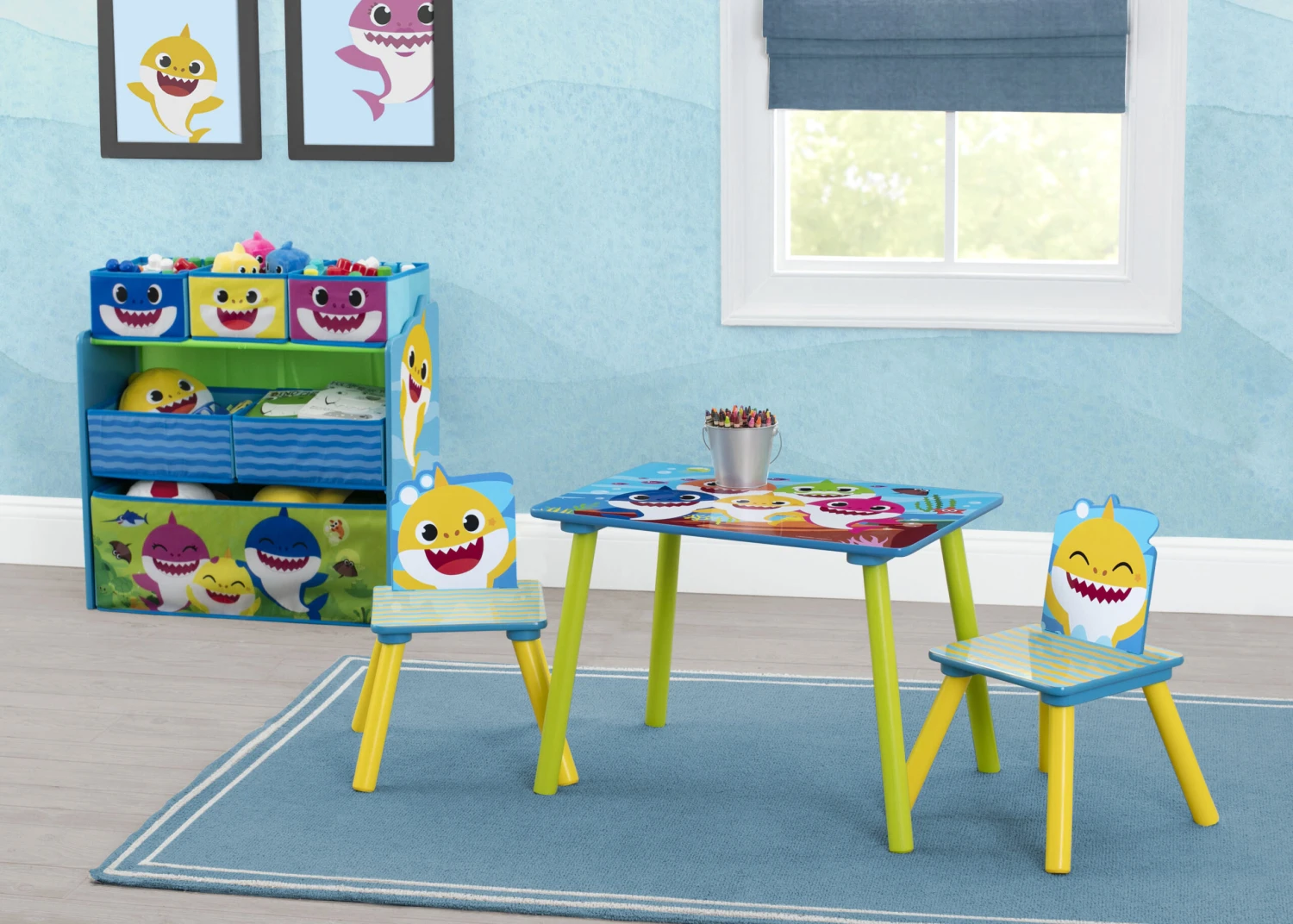Delta Children Baby Shark 4-Piece Playroom Solution– Set Includes Table And 2 Chairs And 6-Bin Toy Organizer 2 Delta Children Baby Shark 4-Piece Playroom Solution– Set Includes Table And 2 Chairs And 6-Bin Toy Organizer - Image 2