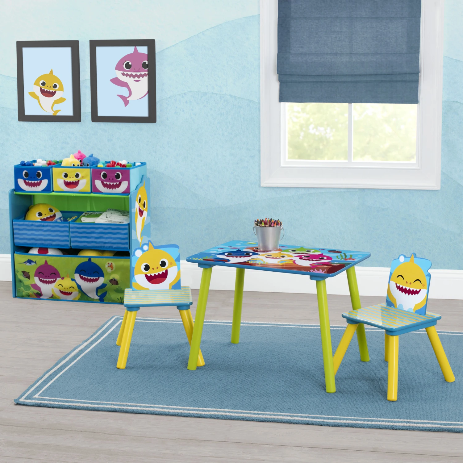Delta Children Baby Shark 4-Piece Playroom Solution– Set Includes Table And 2 Chairs And 6-Bin Toy Organizer 1 Delta Children Baby Shark 4-Piece Playroom Solution– Set Includes Table And 2 Chairs And 6-Bin Toy Organizer
